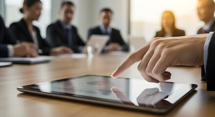 Fototapeta premium Business Team Collaborating on Data Analysis Using Tablet in Modern Conference Room