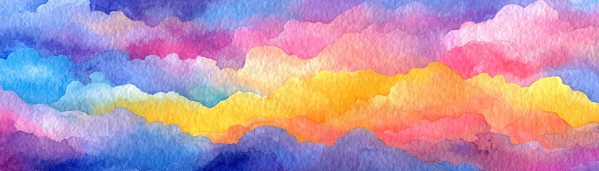 Colorful watercolor background of abstract sunset sky with puffy clouds in bright rainbow colors of pink blue yellow orange and purple. High quality
