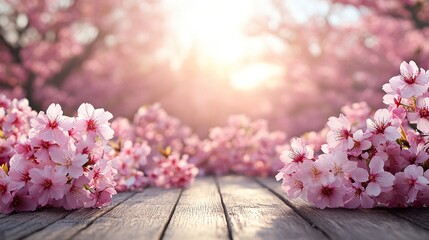 Spring blossoms on weathered wood, sunlight filtering through pink cherry blossoms