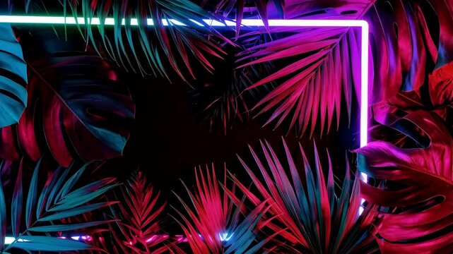 Tropical foliage background with neon frame. Exotic palm leaves and monstera leaves with bright pink and blue lighting.