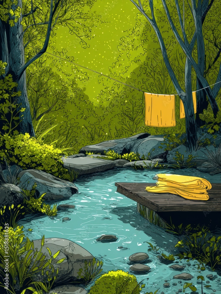Poster relaxing forest bath retreat with a serene river under soft light, featuring towels for a calming ex
