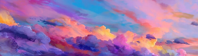 Colorful watercolor background of abstract sunset sky with puffy clouds in bright rainbow colors of pink blue yellow orange and purple. High quality