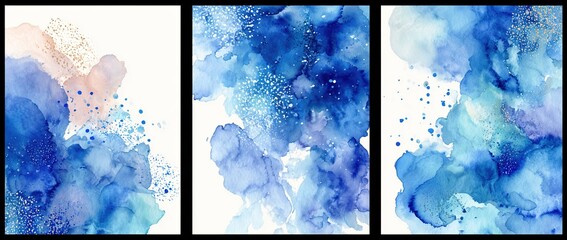 Set of 3 Delicate Abstract Watercolor Style Vector Layouts. Light Beige and Blue Paint Stains on a White Background. Pastel Color Stains and Splatter Print Set. High quality