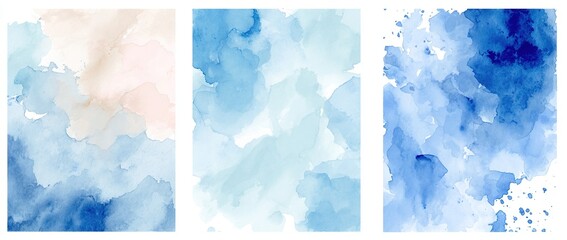 Set of 3 Delicate Abstract Watercolor Style Vector Layouts. Light Beige and Blue Paint Stains on a White Background. Pastel Color Stains and Splatter Print Set. High quality
