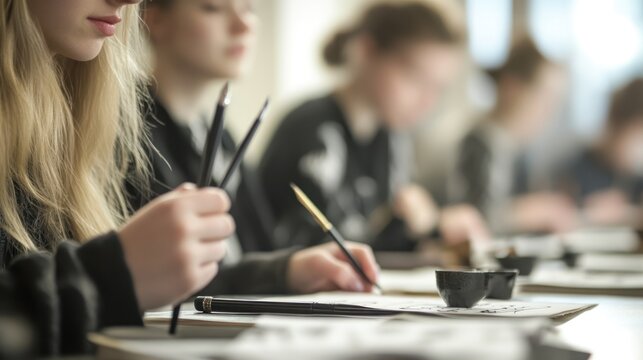 Focused Calligraphy Class: Students engrossed in the art of brushstrokes