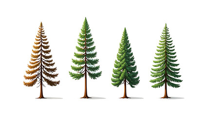 Obraz premium Four stylized coniferous trees representing seasonal change and forest vegetation on a white background