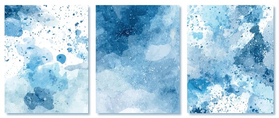 Set of 3 Delicate Abstract Watercolor Style Vector Layouts. Light Beige and Blue Paint Stains on a White Background. Pastel Color Stains and Splatter Print Set. High quality
