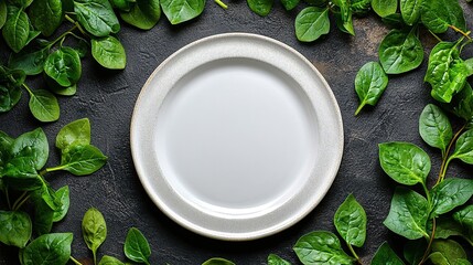 Empty plate surrounded by fresh spinach leaves on dark background
