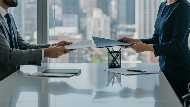 Business Meeting in a Modern Office with Two Professionals Exchanging Important Documents