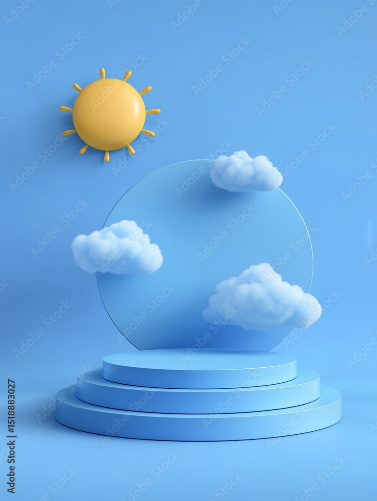 Poster soft blue gradient display stand with sun and clouds for creative background use