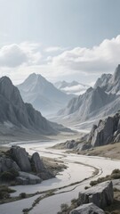 Obraz premium Mountain Valley with Winding River and Rocky Terrain