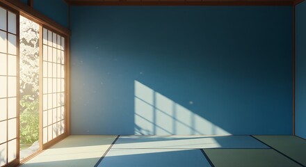 Obraz premium blue color wall room and japan door Looking from the window light shining through outside