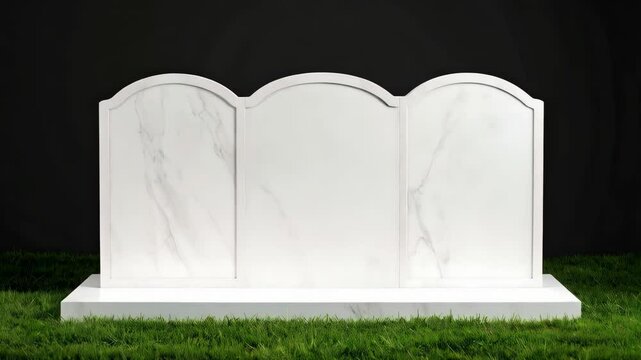 A white marble triptych gravestone on green grass against a dark background with three sections for names and dates.