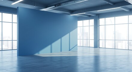 Fototapeta premium Blue empty office room interior with concrete floor, mock up copy space wall partition. Coworking or workspace in modern loft with panoramic window on skyscrapers