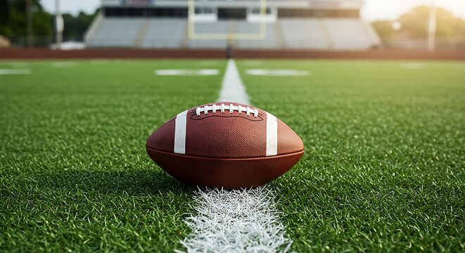 American Football sitting on a grass football field on the yard line