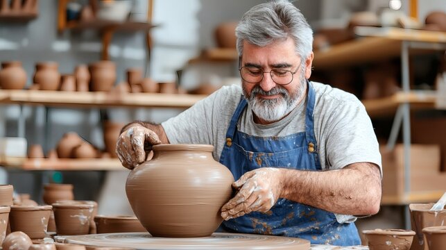 Potter Shaping Clay on Wheel in Workshop