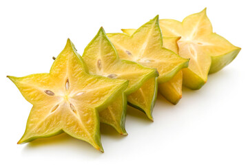 Fototapeta premium Golden star fruit slices arranged on clean white background