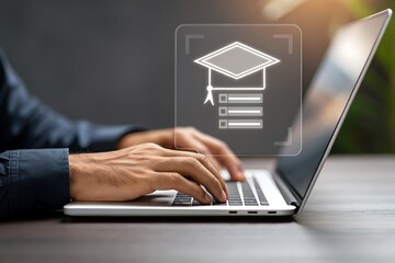 Obraz premium Online education graduation checklist laptop