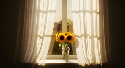 Yellow Sunflowers in Glass Vase on Window Sill with Sheer Curtains