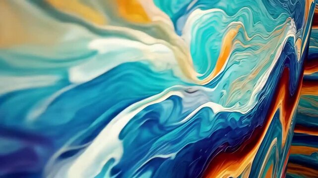 Abstract flowing fluid art with vibrant blue, orange and tan colors creating a mesmerizing painterly texture with smooth gradients