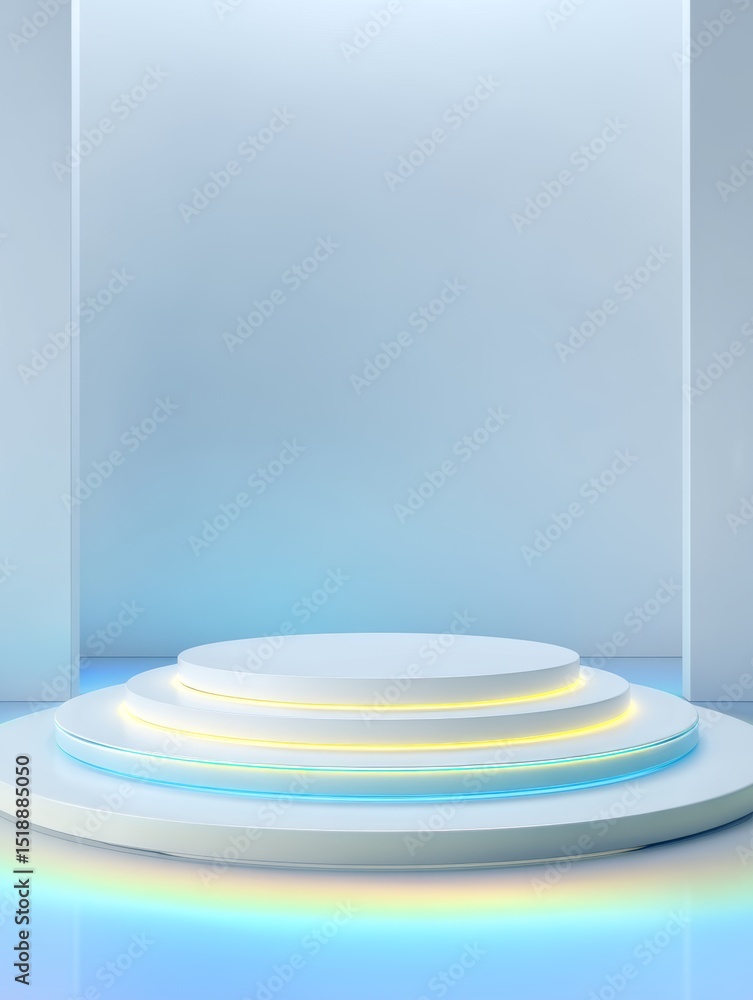 Poster white circular stand with floating neon rims on minimalist background for display