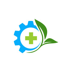 Leaf and gear wheel incorporated with medical symbol inside vector logo