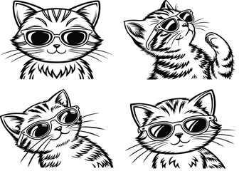 Four black and white cartoon cats wearing sunglasses in various poses on a white background