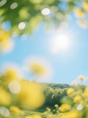 Obraz premium Sunlit Field with Yellow Flowers and Blurred Greenery