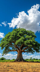 Majestic baobab tree with thick trunk and lush green canopy stands tall in the African savanna under a cloudy sky. A symbol of life, endurance, and natural beauty in a desert-like landscape.

