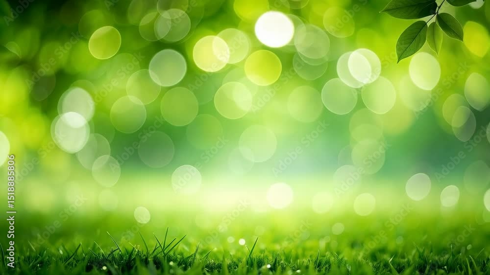 Aufkleber lush green grass and blurred foliage with bright bokeh creating a refreshing and relaxing natural at