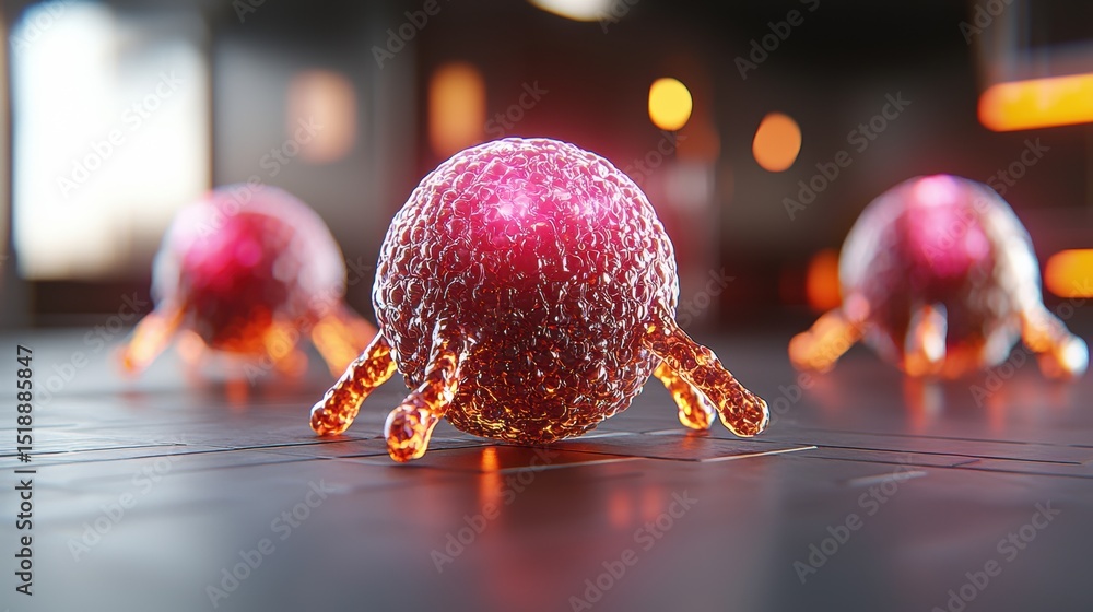 Poster an abstract digital rendering of a conceptual molecular or atomic structure featuring red and transp