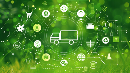 Sustainable supply chain, circular economy concept on green natural background. Digital green supply chain with sustainability-related icons; production, consumption, delivery processes and recycling.