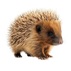 Obraz premium A small, spiny hedgehog with brown fur and pointed nose stands alertly, showcasing its distinctive quills and curious expression. Png, Transparent background.
