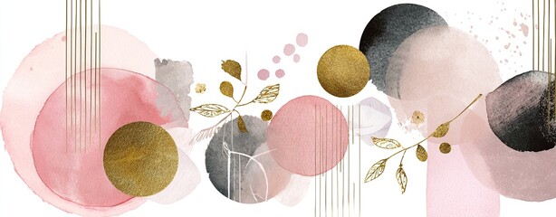 Arrangements. Blush, pink, ivory, beige watercolor Illustration and gold elements, on white background. Abstract modern print set. Logo. Wall art. Poster. Business card. High quality