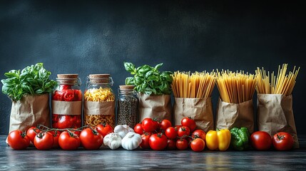 Fresh pasta and vegetable ingredients for cooking