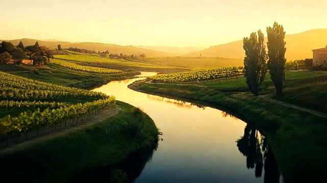 Golden river flows between hillside rows at sunset