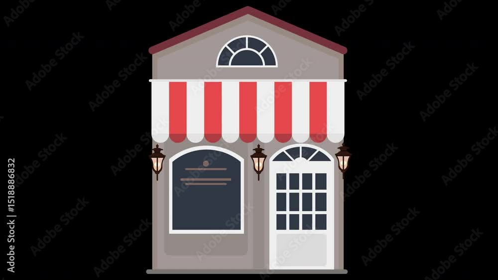 Poster charming storefront animation with retro awning and lanterns on a transparent background