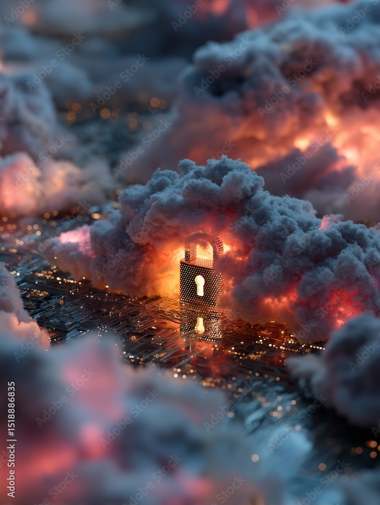 Poster digital infrastructure concept with lock surrounded by clouds and glowing lights