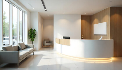 Modern Clinic Reception: A clean and inviting reception area in a modern medical clinic, featuring a sleek reception desk, comfortable seating, and a calming ambiance