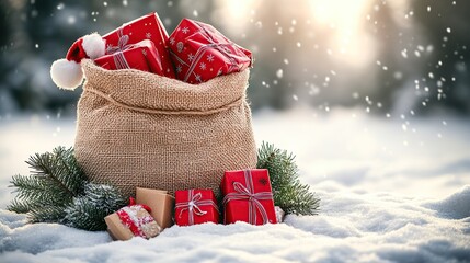 A burlap sack filled with red and brown gifts, nestled in snowy landscape