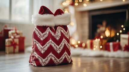 Festive red gift sack with white chevron pattern, placed on a wooden floor, surrounded by Christmas presents and a fireplace