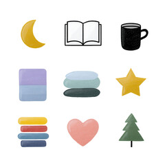 Nine colorful icons depicting a moon, book, mug, rectangle, stones, star, blocks, heart, and tree.