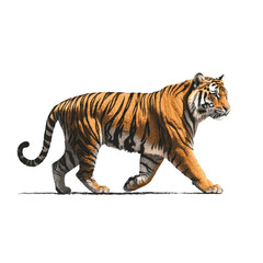 Obraz premium A majestic tiger walking gracefully with detailed orange and black stripes. Png, Transparent background.