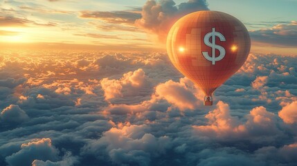 Hot air balloon carrying dollar sign floats above clouds at sunrise