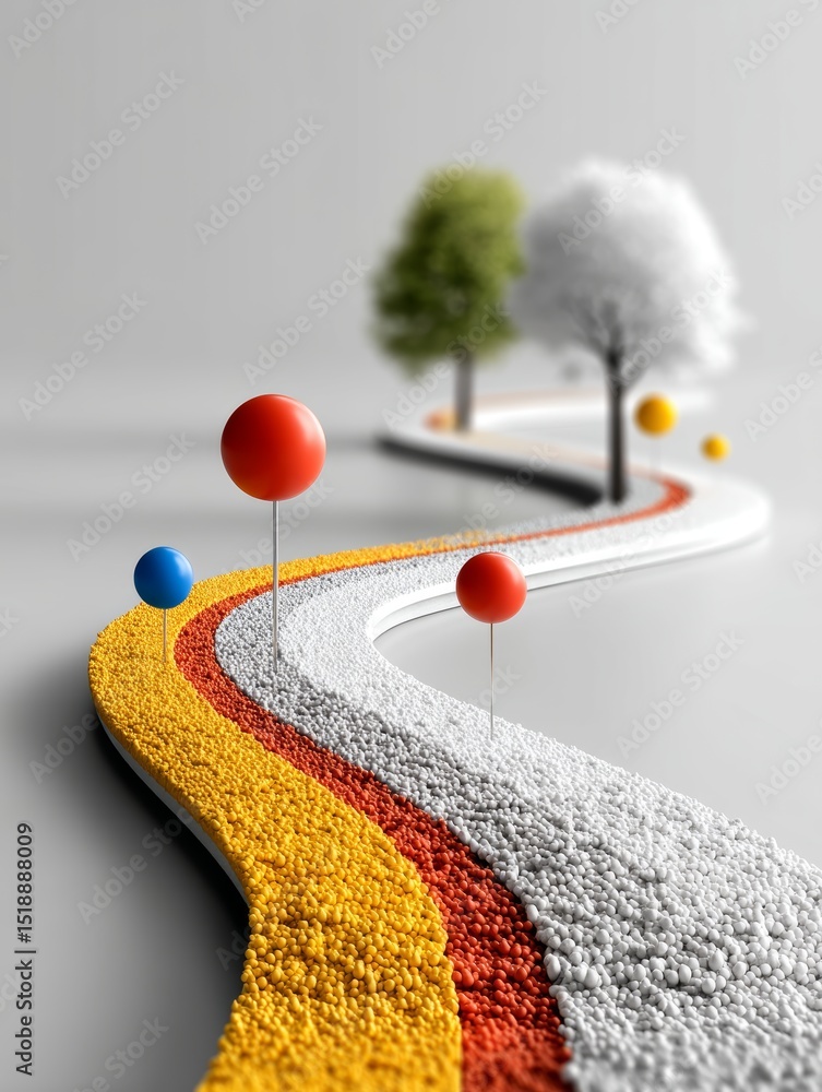 Poster creative representation of a colorful journey with route markers and trees