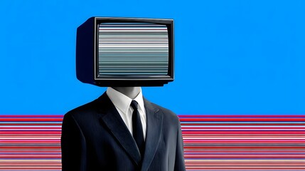 Businessman with TV head glitching, surreal digital identity metaphor