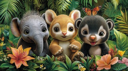 Fototapeta premium Three adorable jungle animals in a lush, vibrant setting