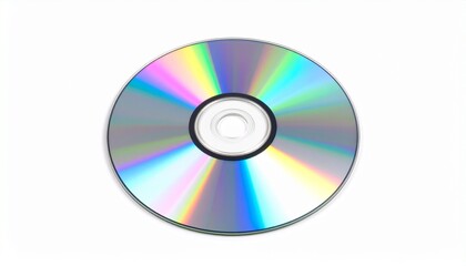 Compact disc with rainbow reflection on white background, optical data storage media