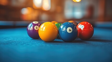 Pool balls clustered on a blue table
