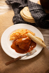 Pipian with Chicken, food from Mexico and other Latin American countries, chicken meat bathed in mole sauce made with pumpkin seeds, dried chili peppers and several other ingredients.